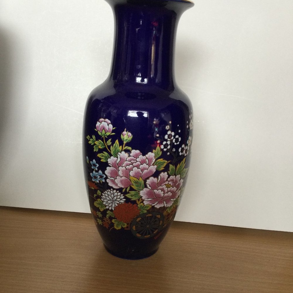 Vintage Japanese vase cobalt blue flowers hand painted marked